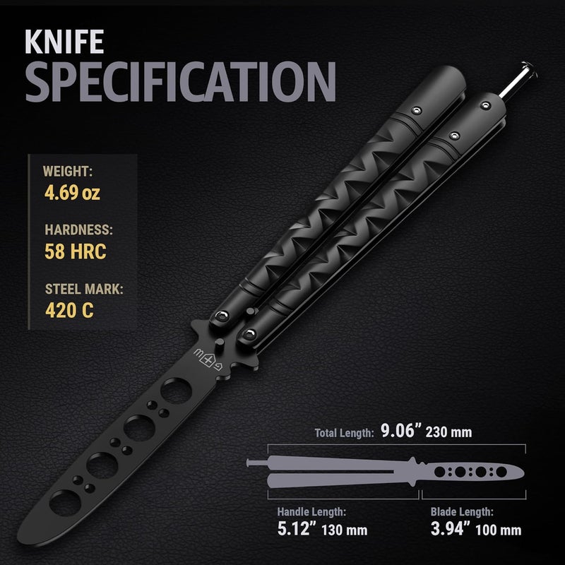 GOOD WORKER Butterfly Knife - Balisong Trainer - Black Practice Butterfly Trainer with Sure Spring Latch - Balisong Knives NOT Real NOT Sharp Blade - Full Stainless Steel Fake Dull Trick - Image 3
